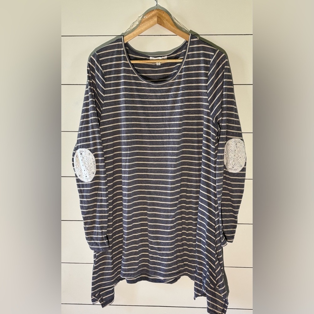 Umgee Striped Long Sleeve Top with Lace Elbow Patches 1XL
